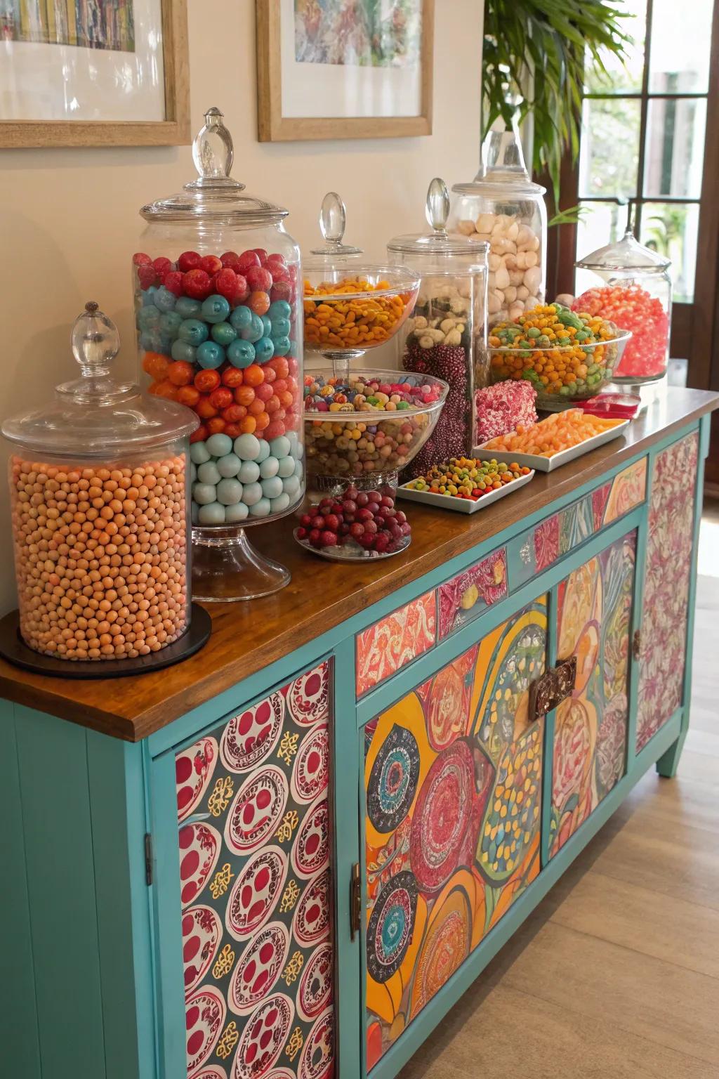 An eclectic mix of styles creating a unique candy display.