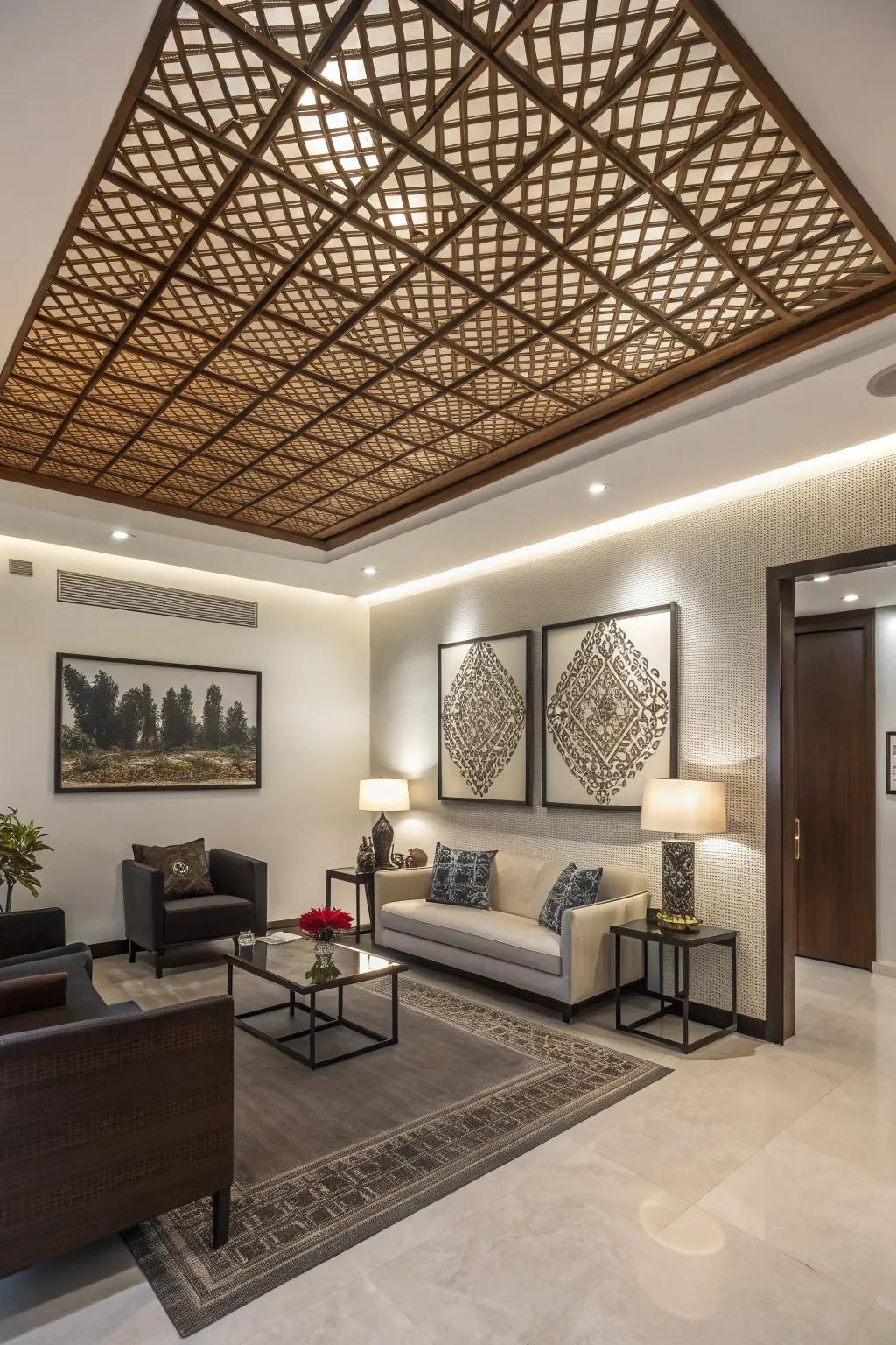 Geometric flair with a lattice ceiling design.