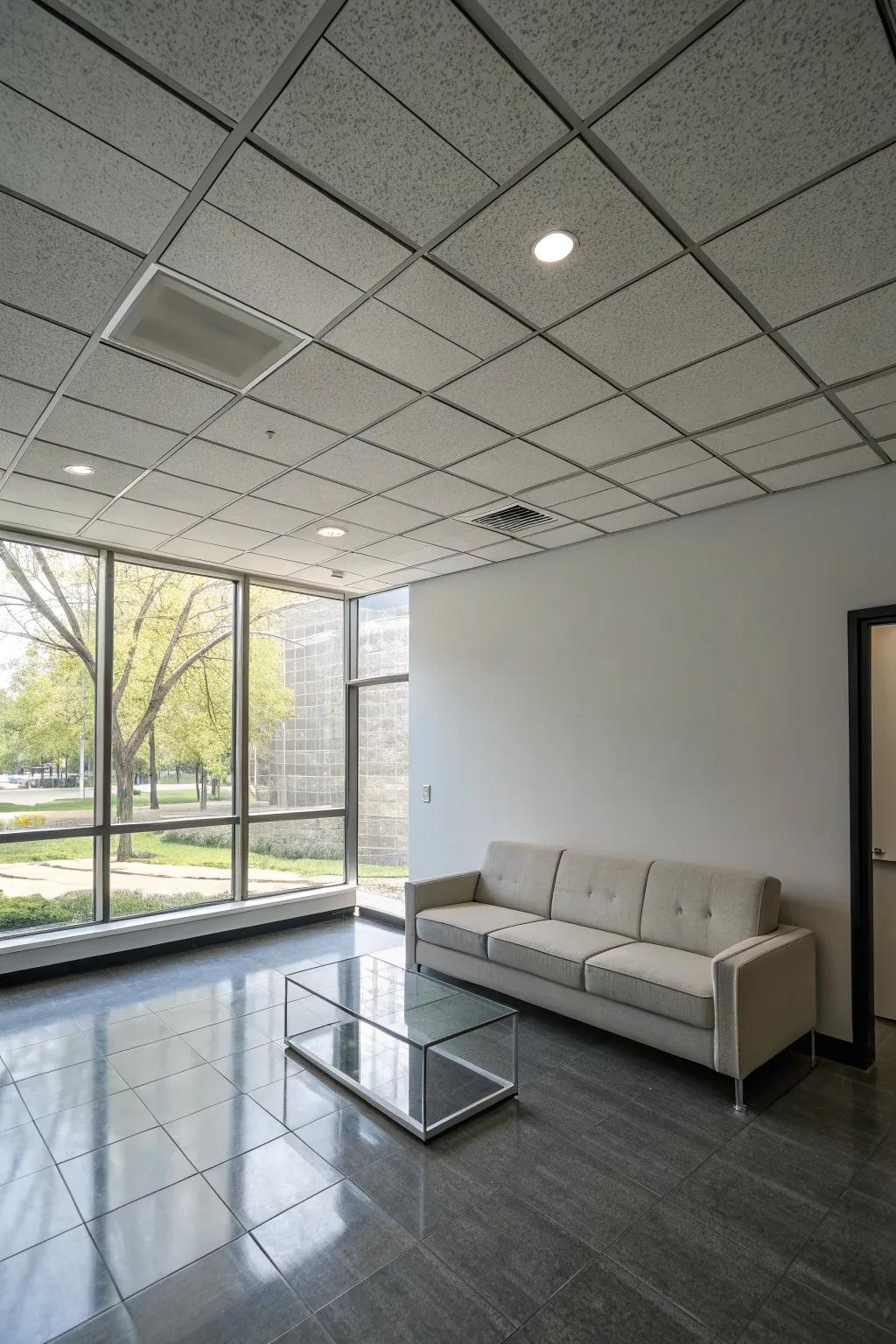A minimalist room is detailed with elegant ceiling shingles for simplicity.