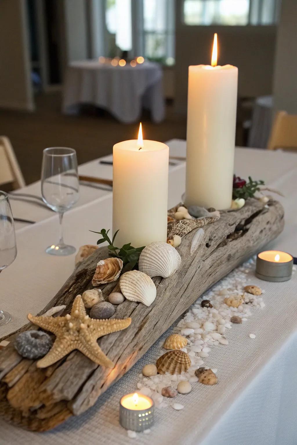 Beach-inspired charm with a seaside wood piece centerpiece foundation.