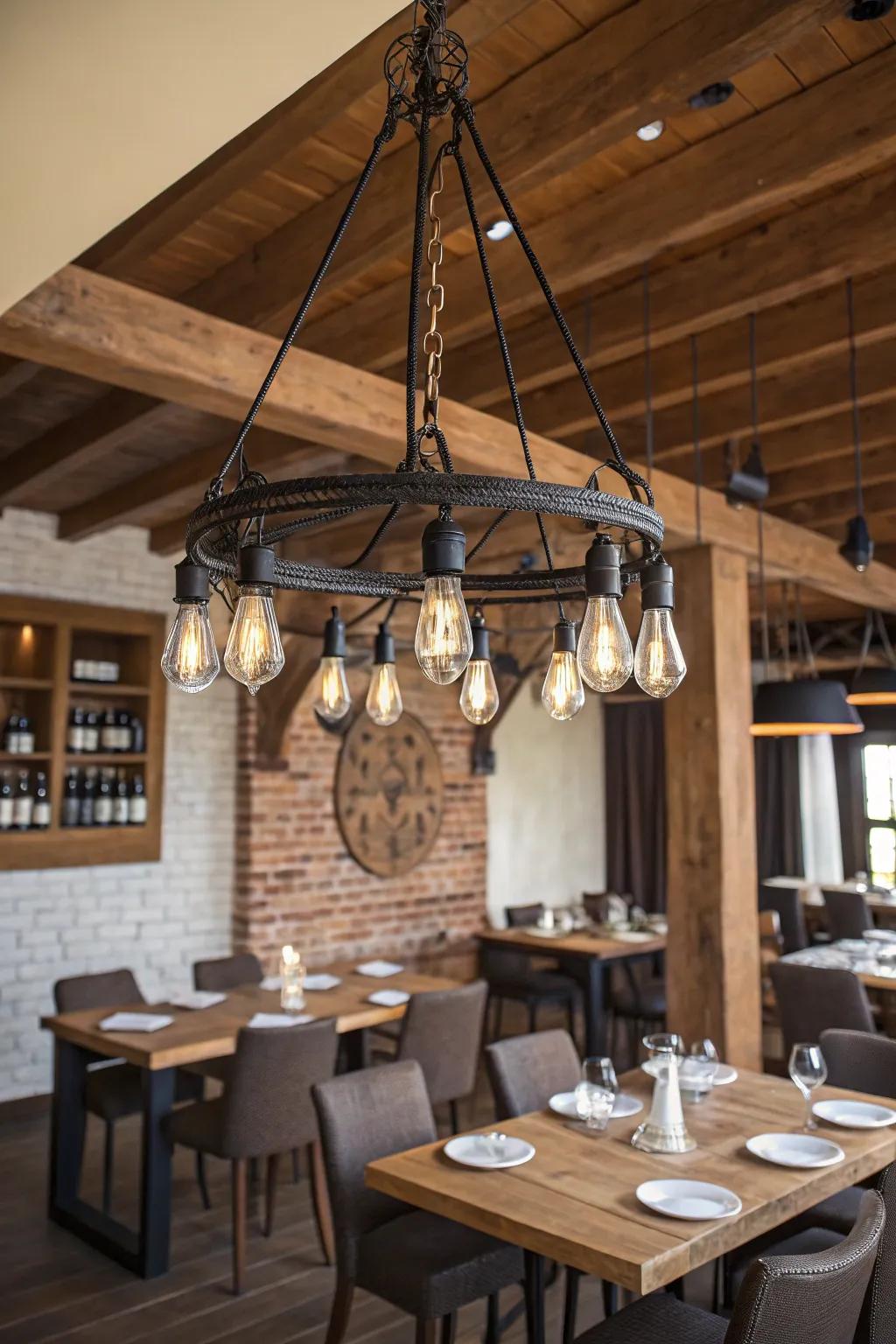An industrial-style chandelier adds an edgy touch to the dining space.