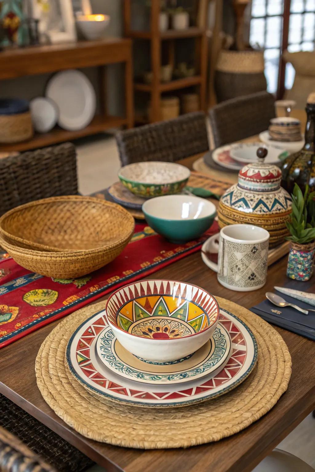 Culturally-inspired charger plates deliver an exotic and diverse table setting.