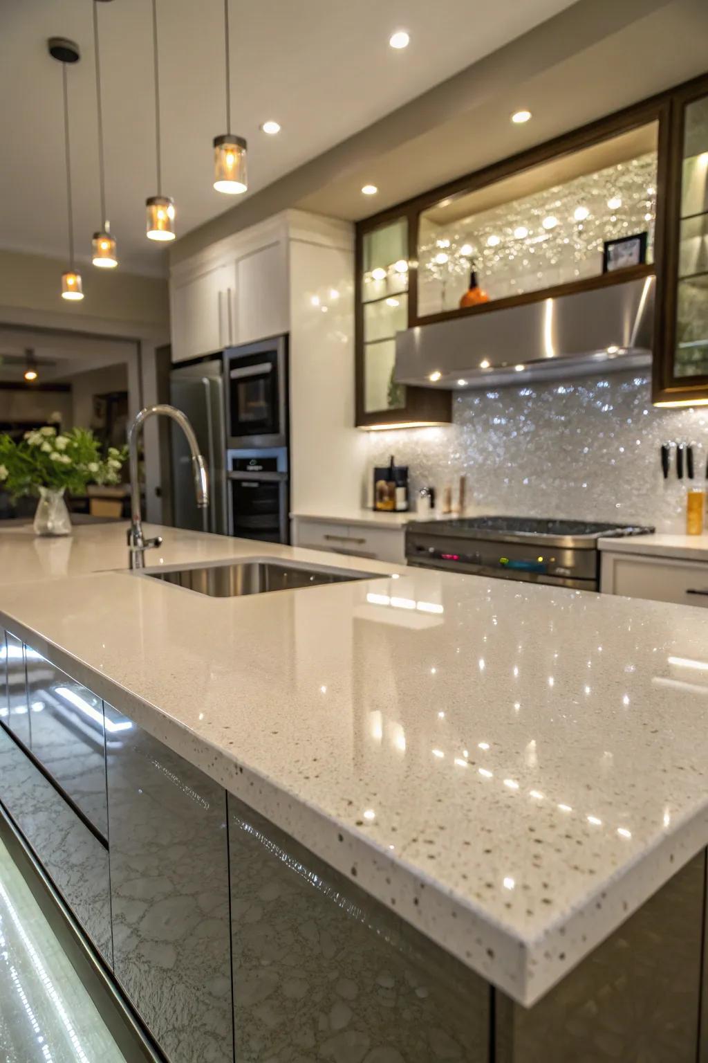 An artistic kitchen with high-gloss poured coating countertops.
