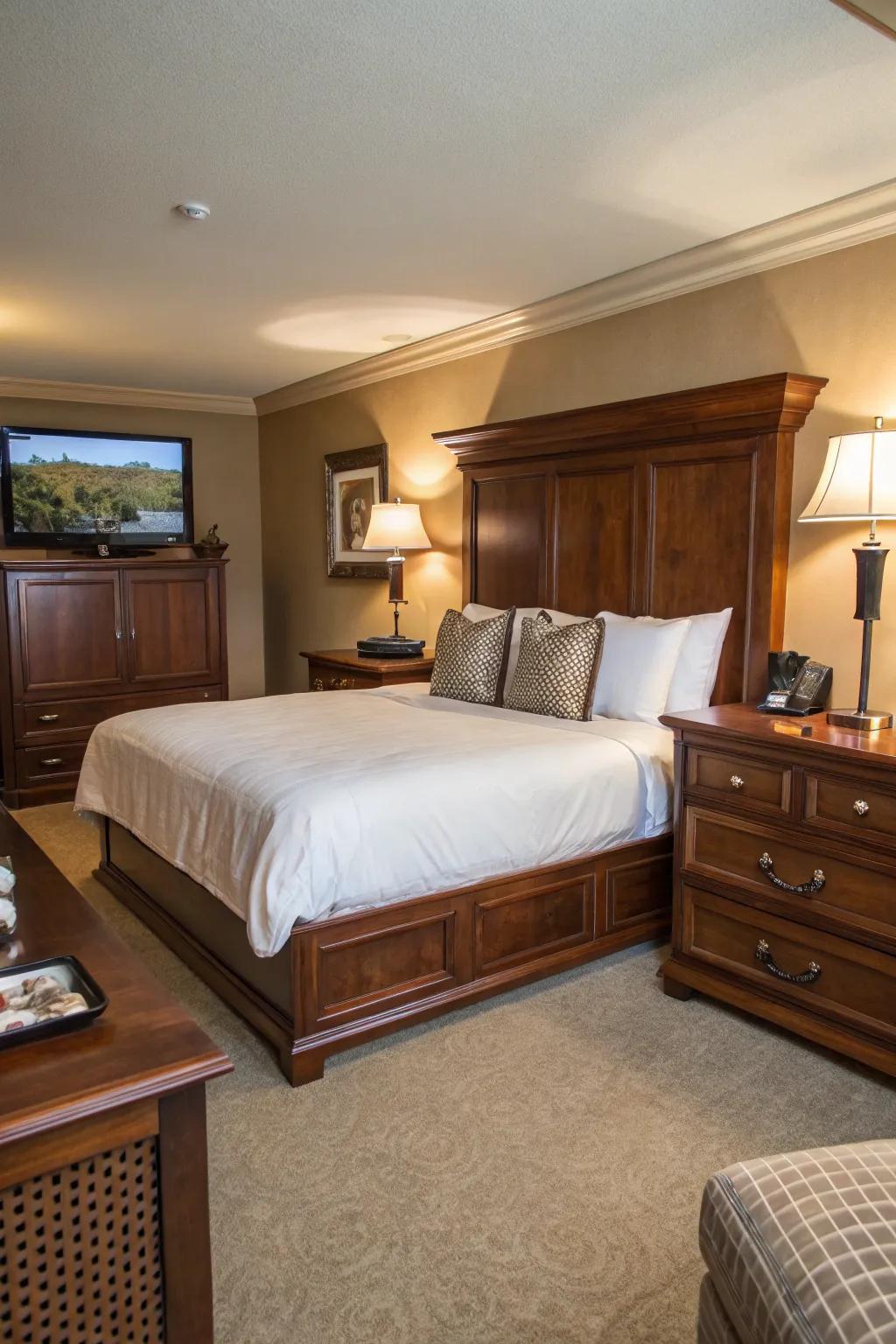 Smart technology adding modern functionality to a walnut wood bedroom.