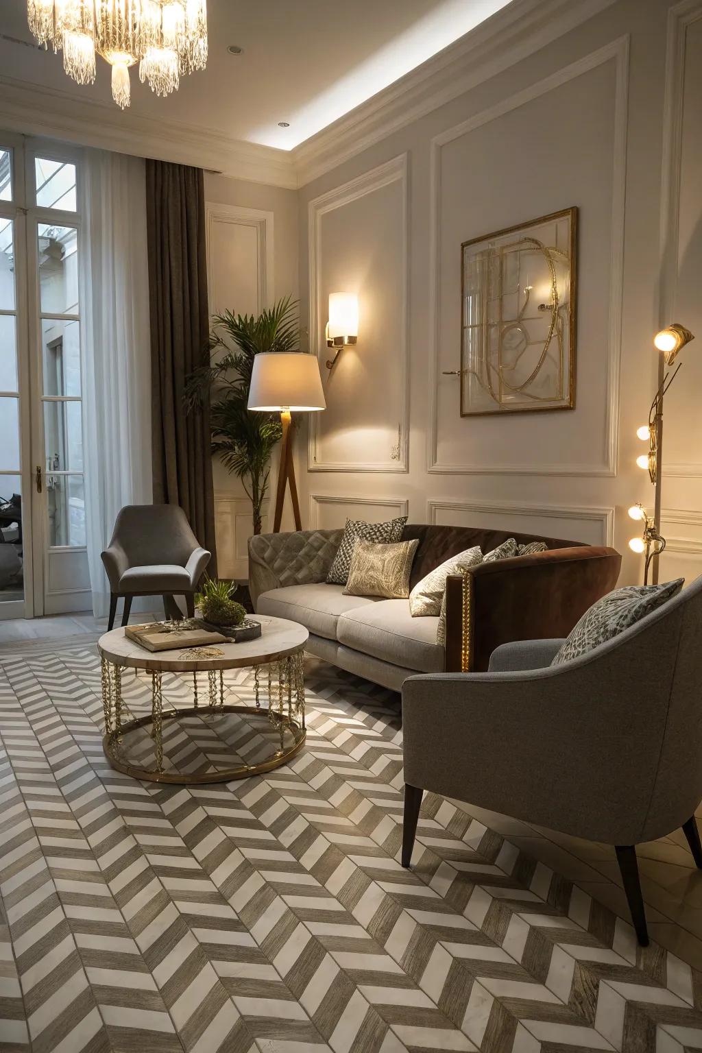 Chevron tile flooring adds a stylish and cohesive look to this inviting living room.