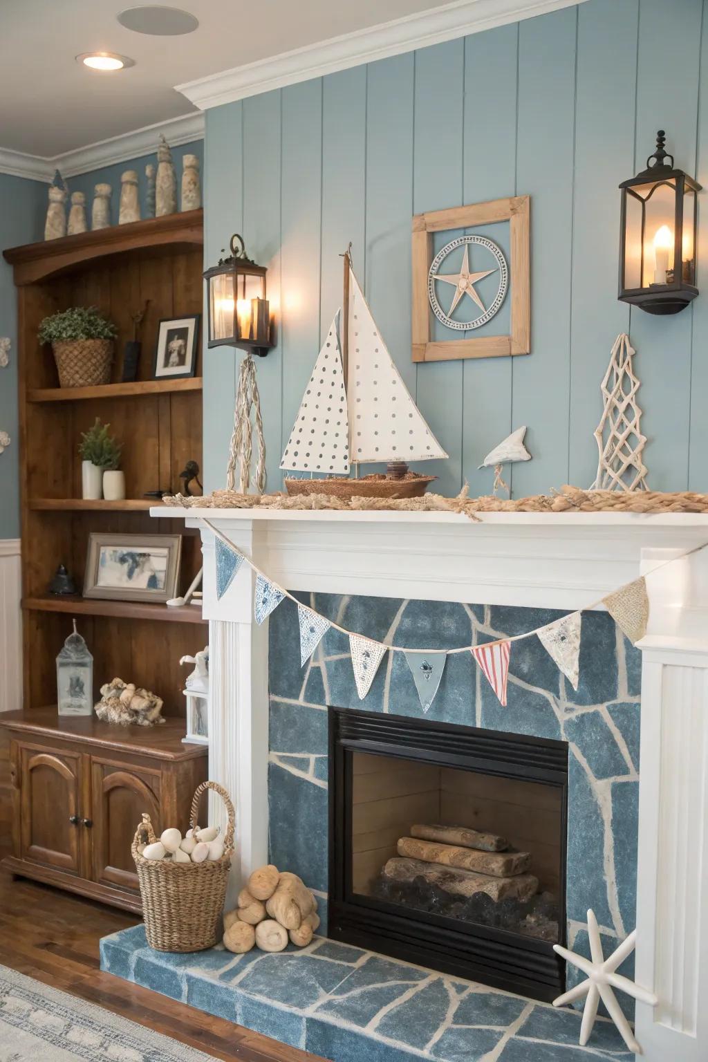 Nautical themes surrounding the fireplace evoke a serene seaside escape.