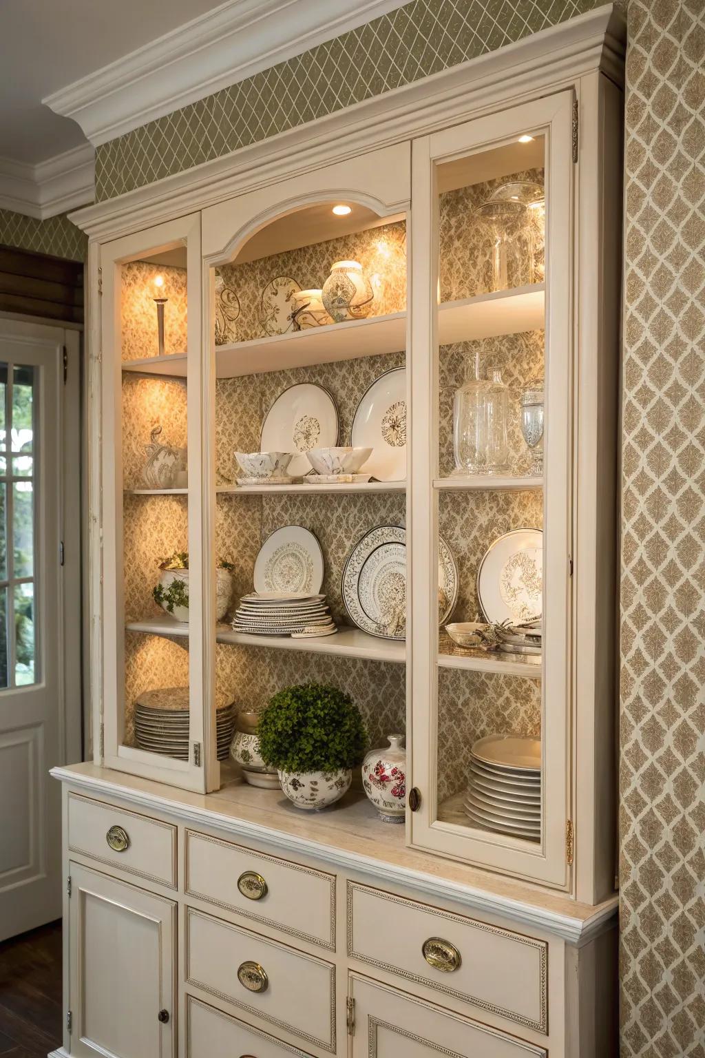 Textured wallpaper adds depth to a china cabinet display.
