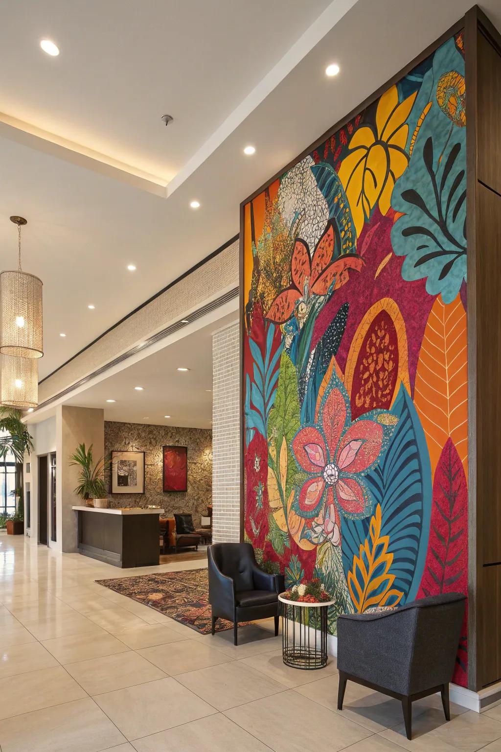 A highlight wall with bold hues and patterns injecting personality into the lobby.