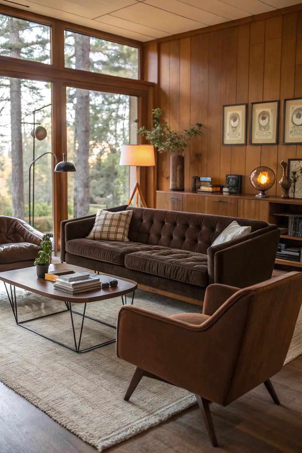 Mid-century contemporary charm enhances the timeless appeal of a cocoa sofa.