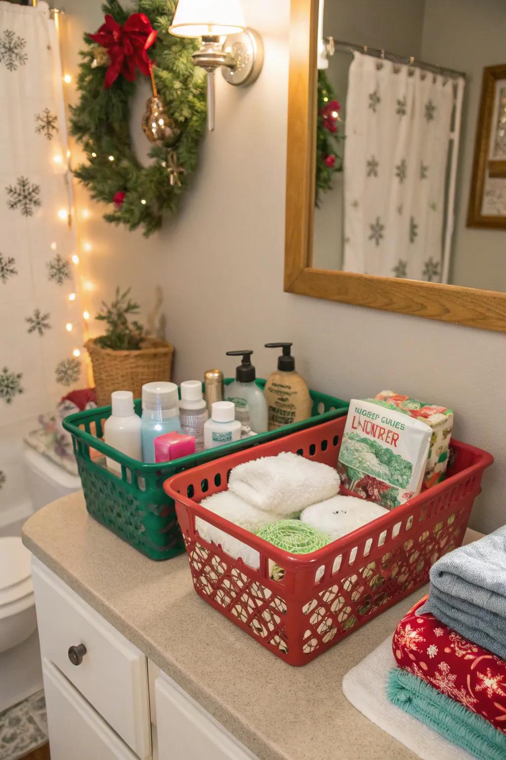 Christmas-themed storage receptacles organize and enhance the holiday theme.