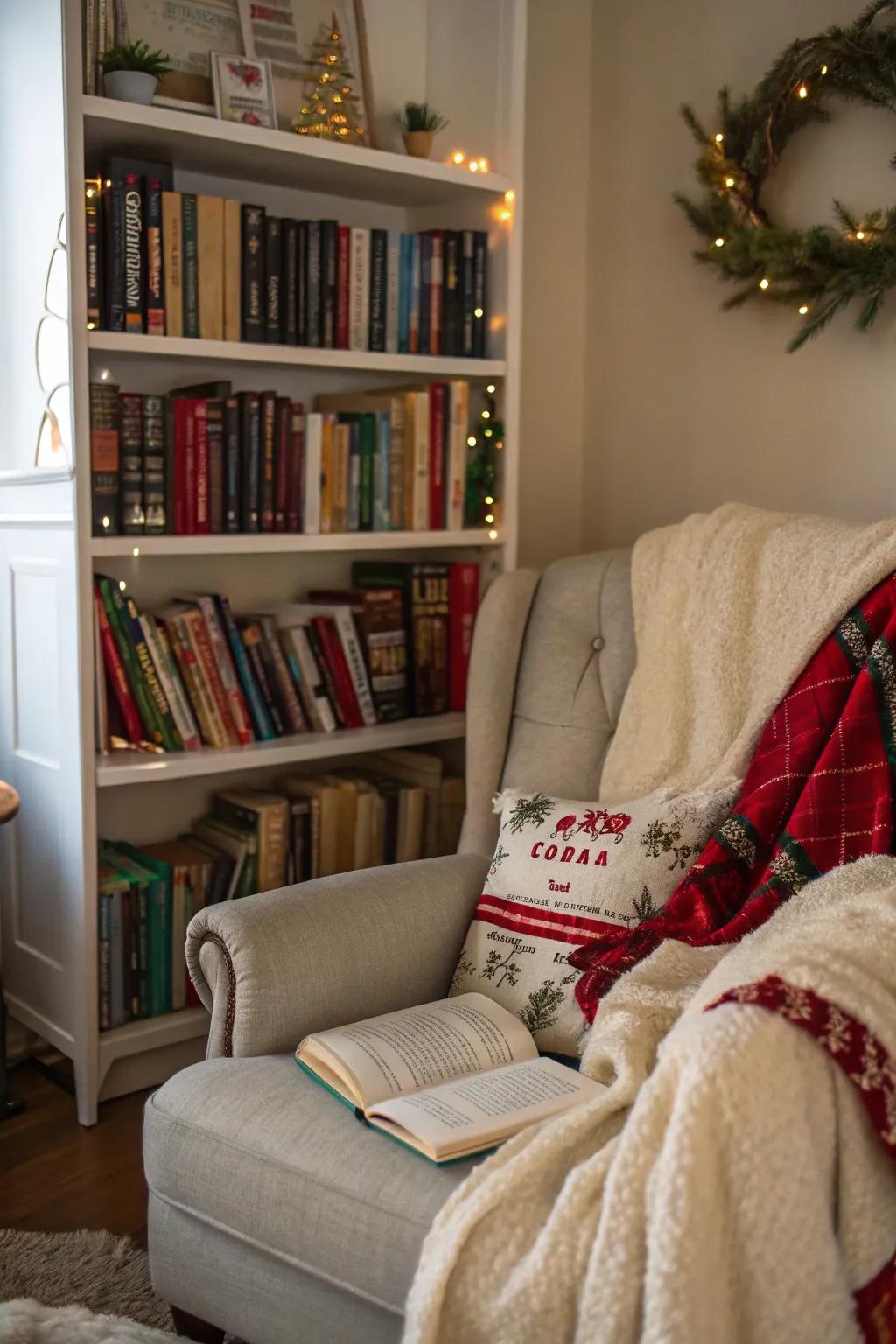 A snug reading alcove presents the perfect setting for holiday relaxation.