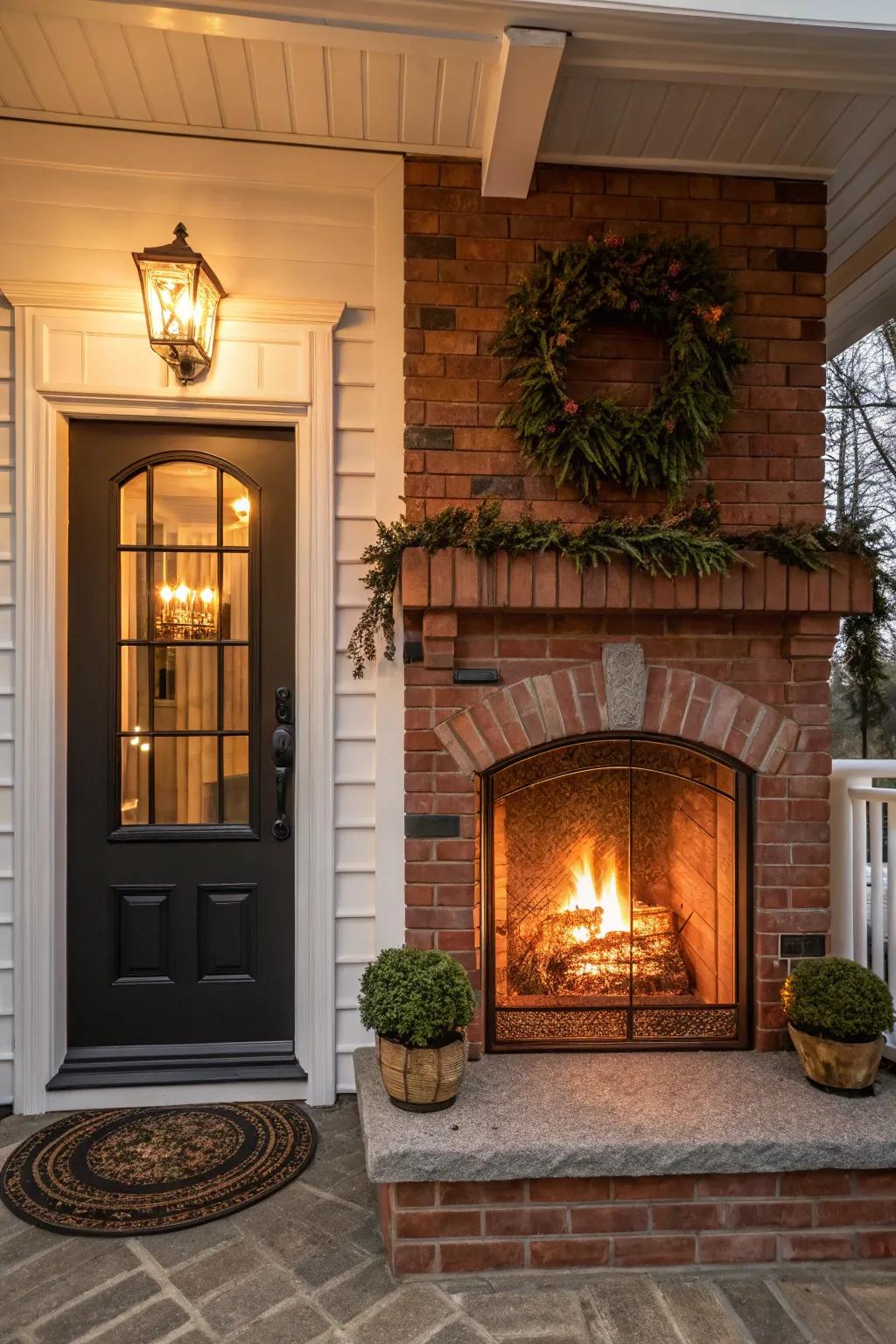 A warm and cozy fireplace front for a homey holiday feel.