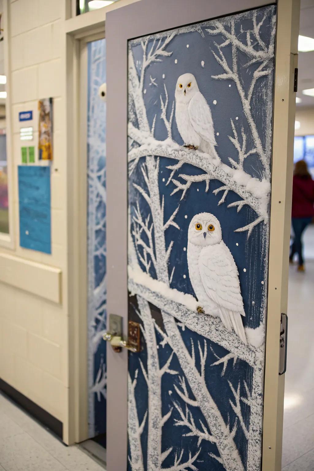 A tranquil snowy owl forest decorates this door.