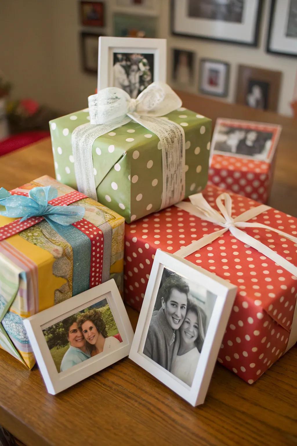 Gifts decorated with personal photo memories for a heartfelt detail.