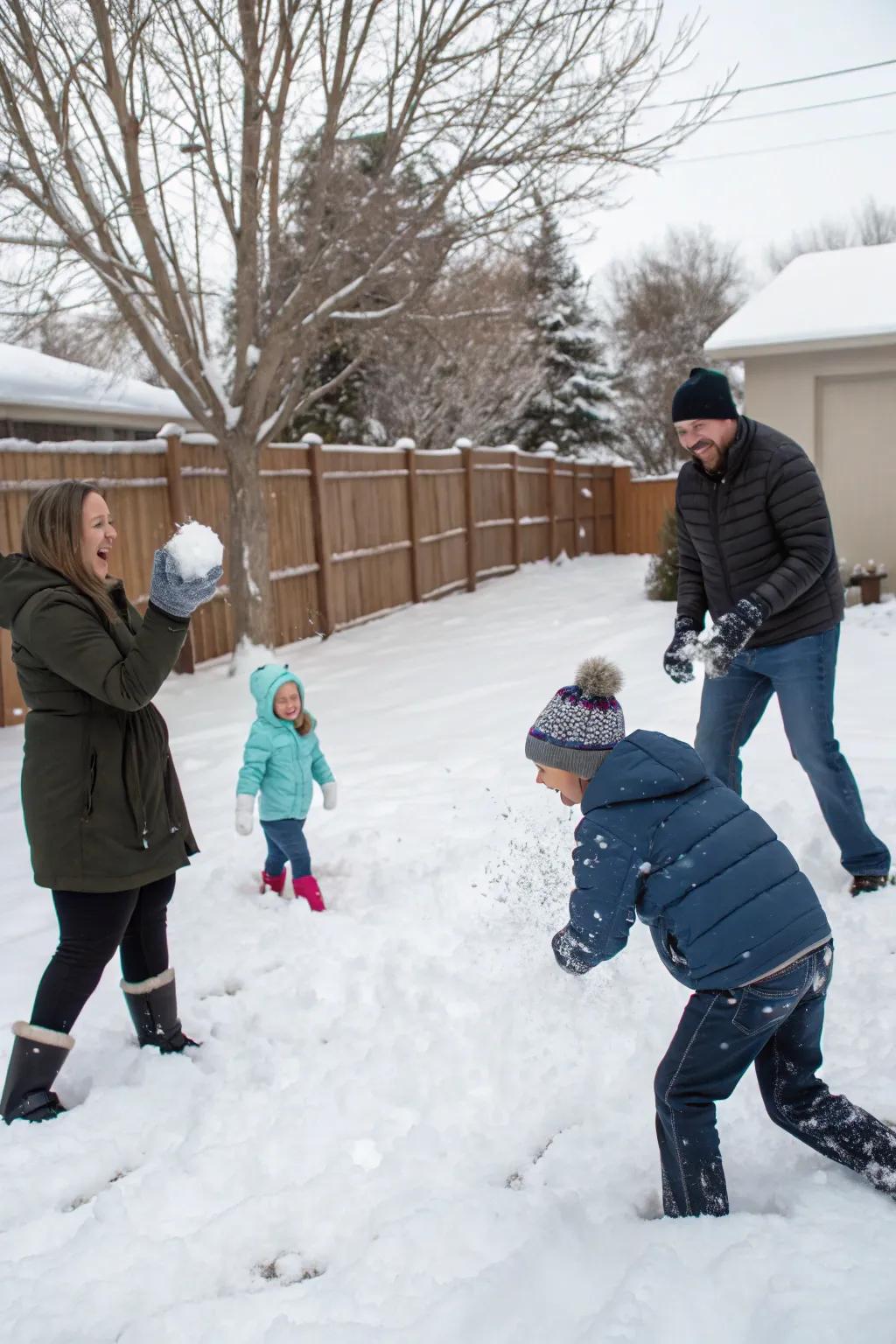 A family enjoying a playful snowball fight in their snowy backyard, capturing spontaneous holiday fun.
