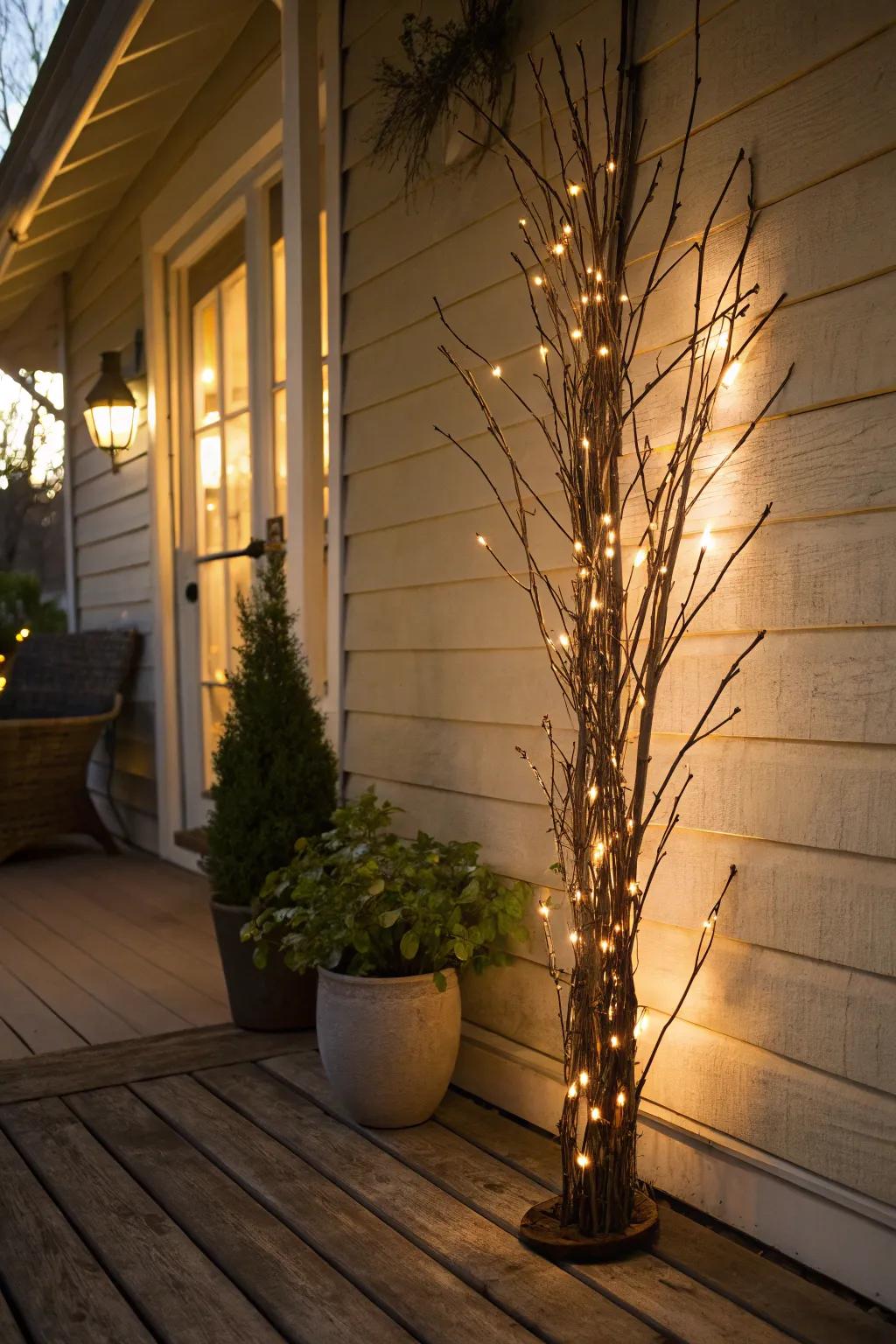 Illuminated twigs crafting a straightforward yet striking porch adornment.