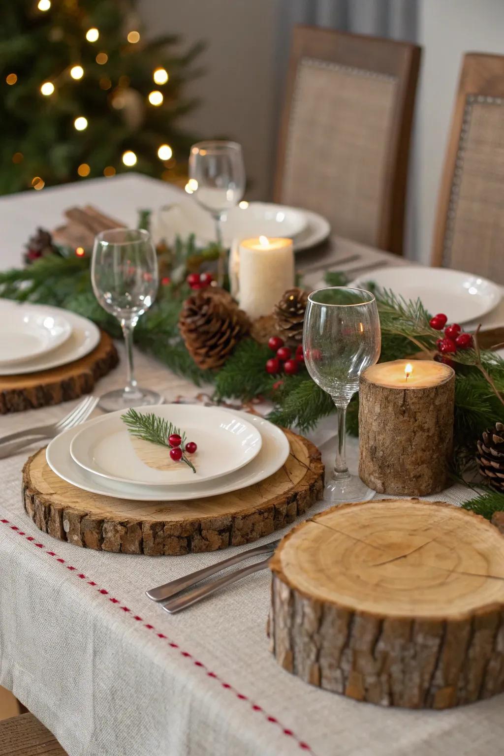 Natural timber elements contribute countryside warmth to the table.