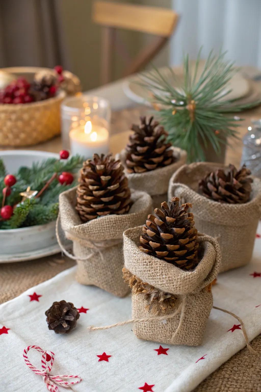 Scent-infused cones offer a rustic and fragrant favor.