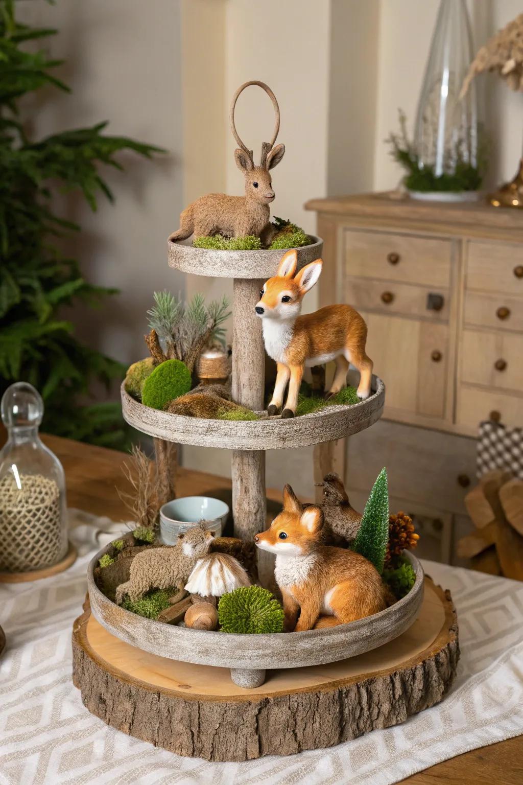 Woodland beings append enchantment to this tiered stand.