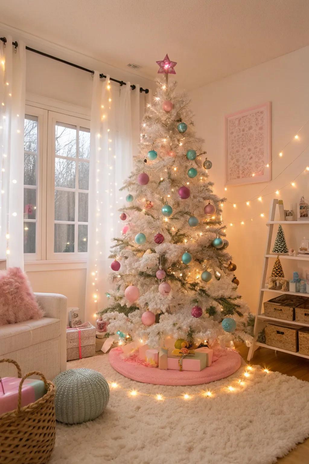 A dreamy Christmas tree featuring pastel-colored lights and ornaments, perfect for a light-hearted festive atmosphere.