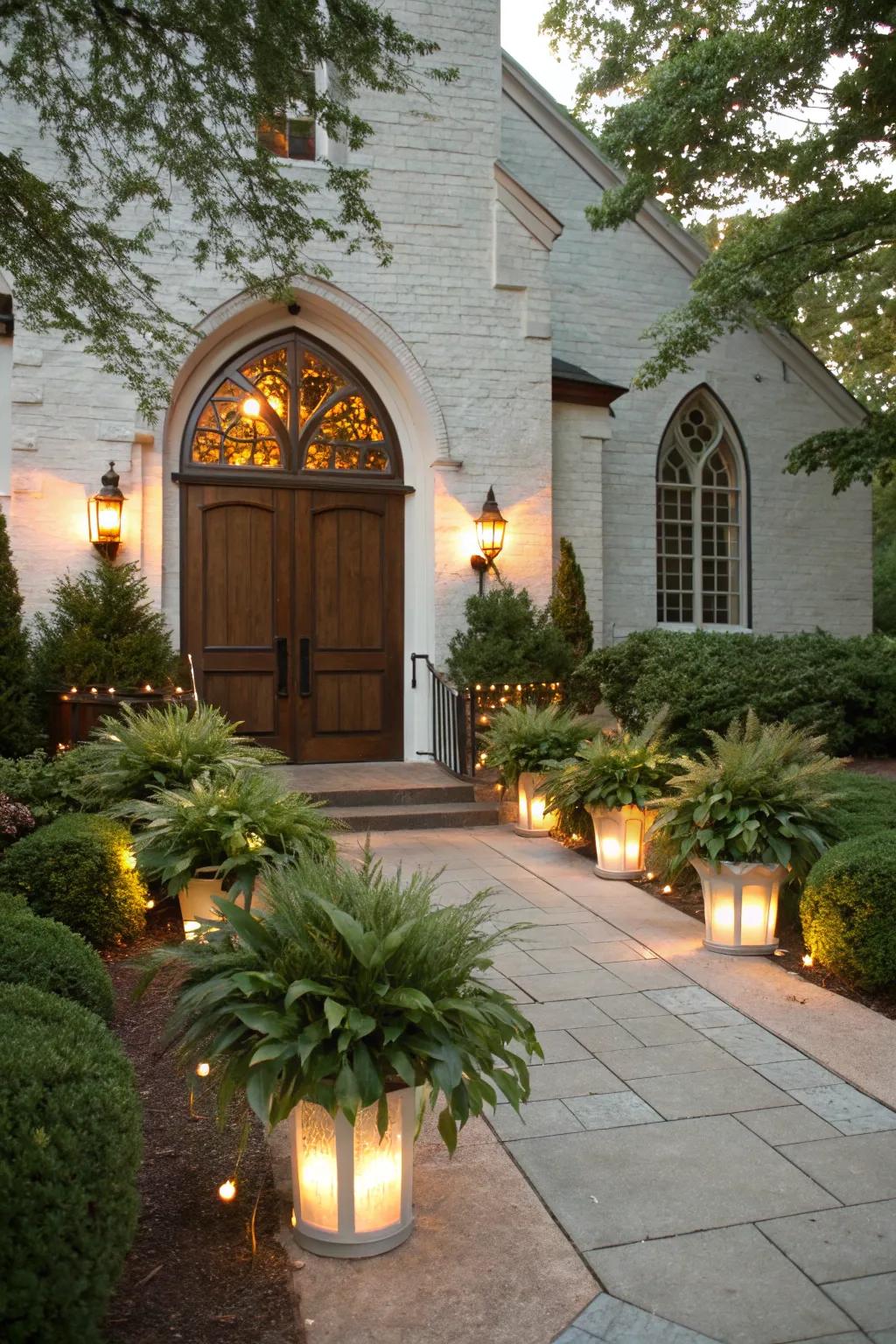 Church entrance with outdoor planters and lights.