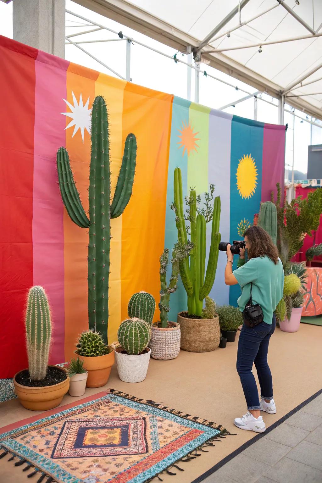 A themed setting with cacti and vibrant hues for striking party photos.