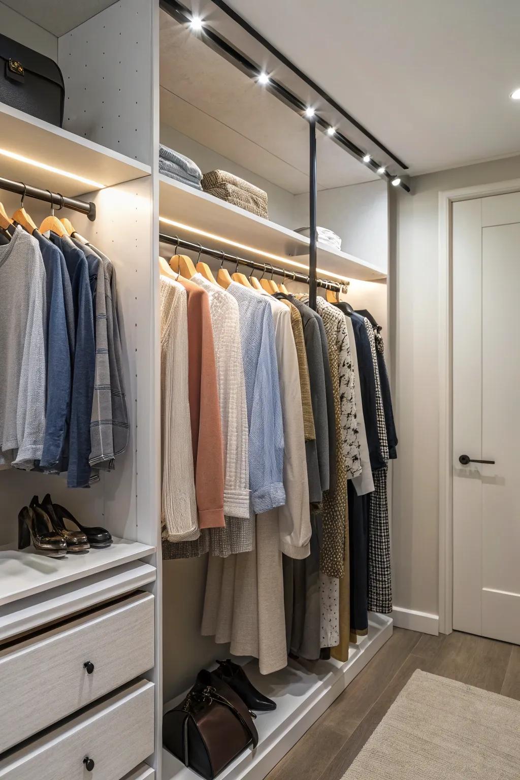 Rotating rails give easy access in deep closet areas.