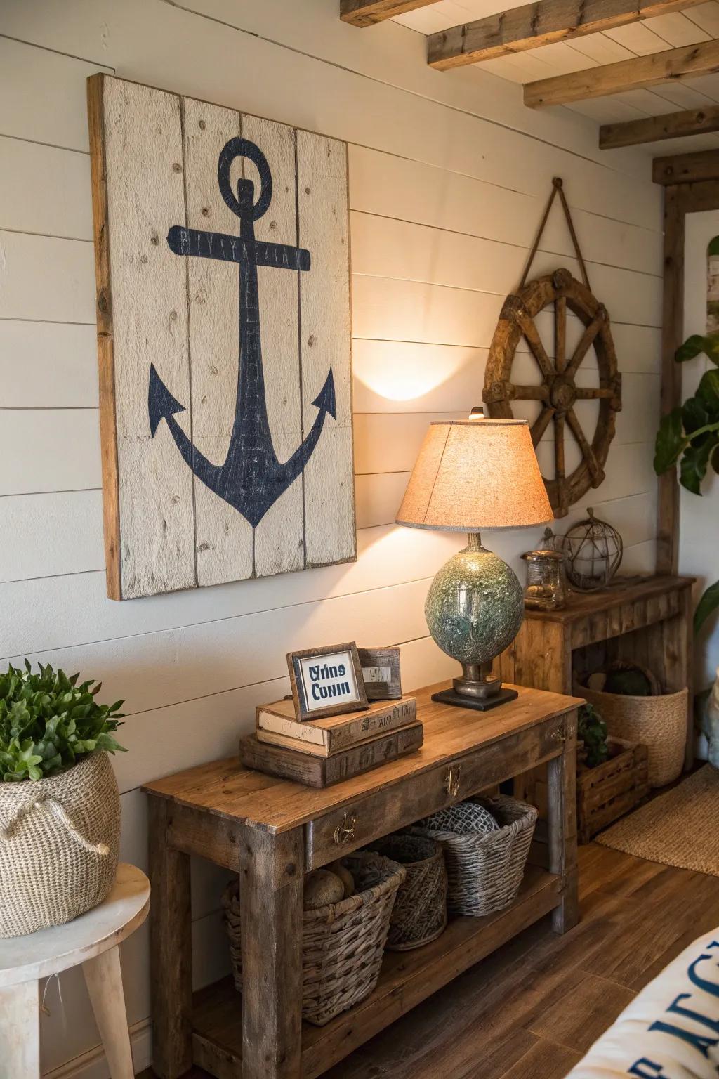 A rustic nautical plaque adding personal flair to coastal decor.