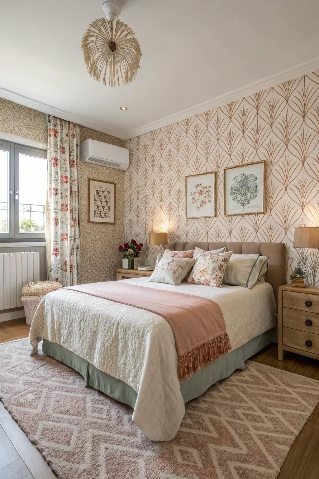 Textured wall covering adds depth and luxury to this color-drenched room.