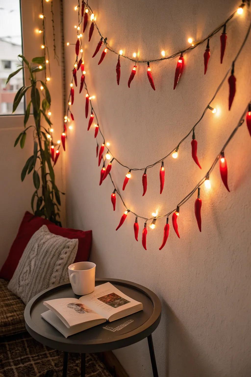 Unique ruby spice strand lights adding charm to the ambiance.