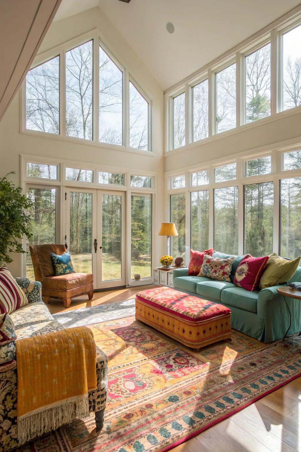 Expansive windows illuminate the colorful d&eacute;cor in this airy living room.