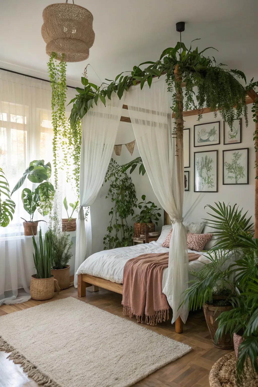 A plant based motif brings freshness and life to this bedroom.