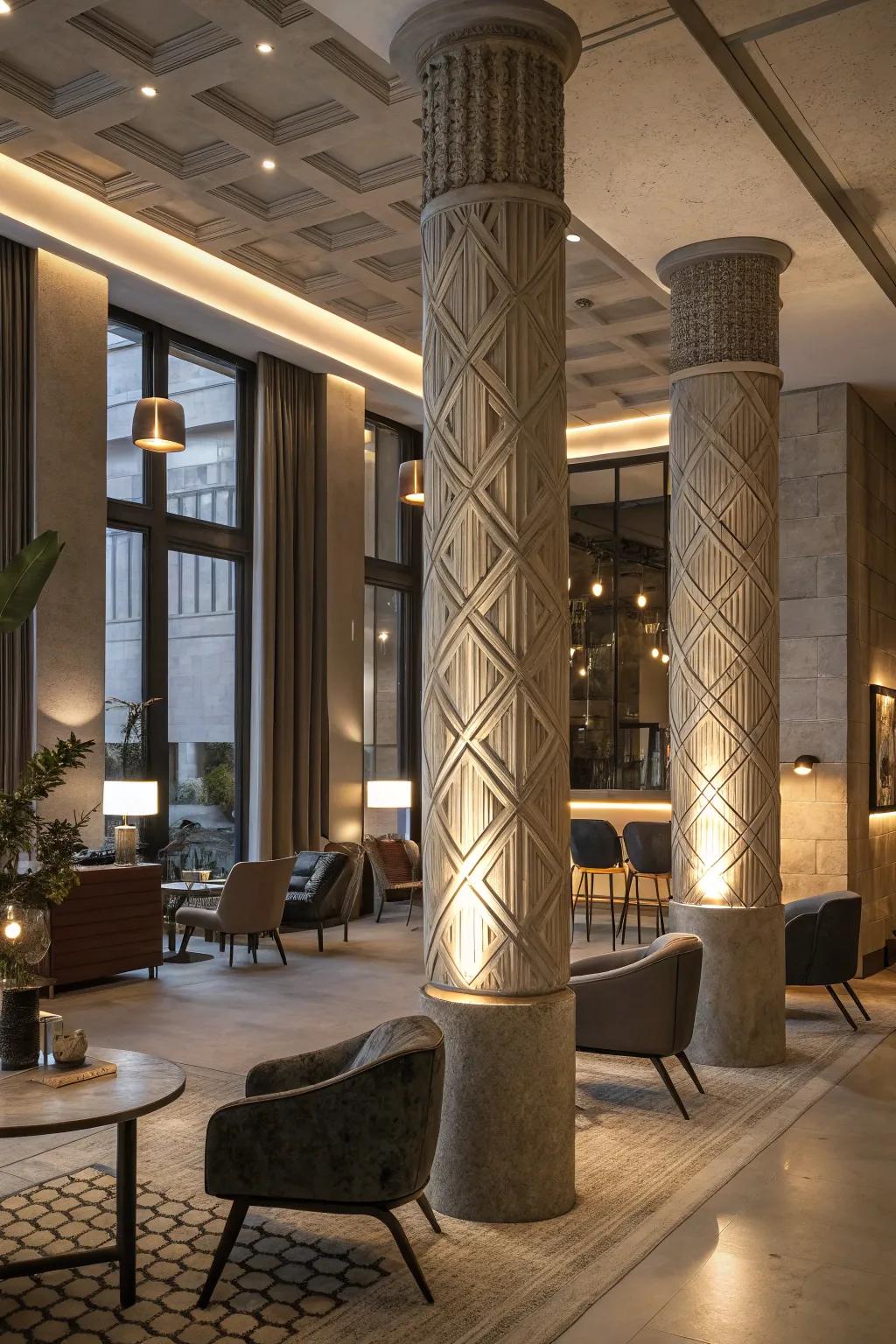 Detailed columns add depth and interest to a contemporary space.