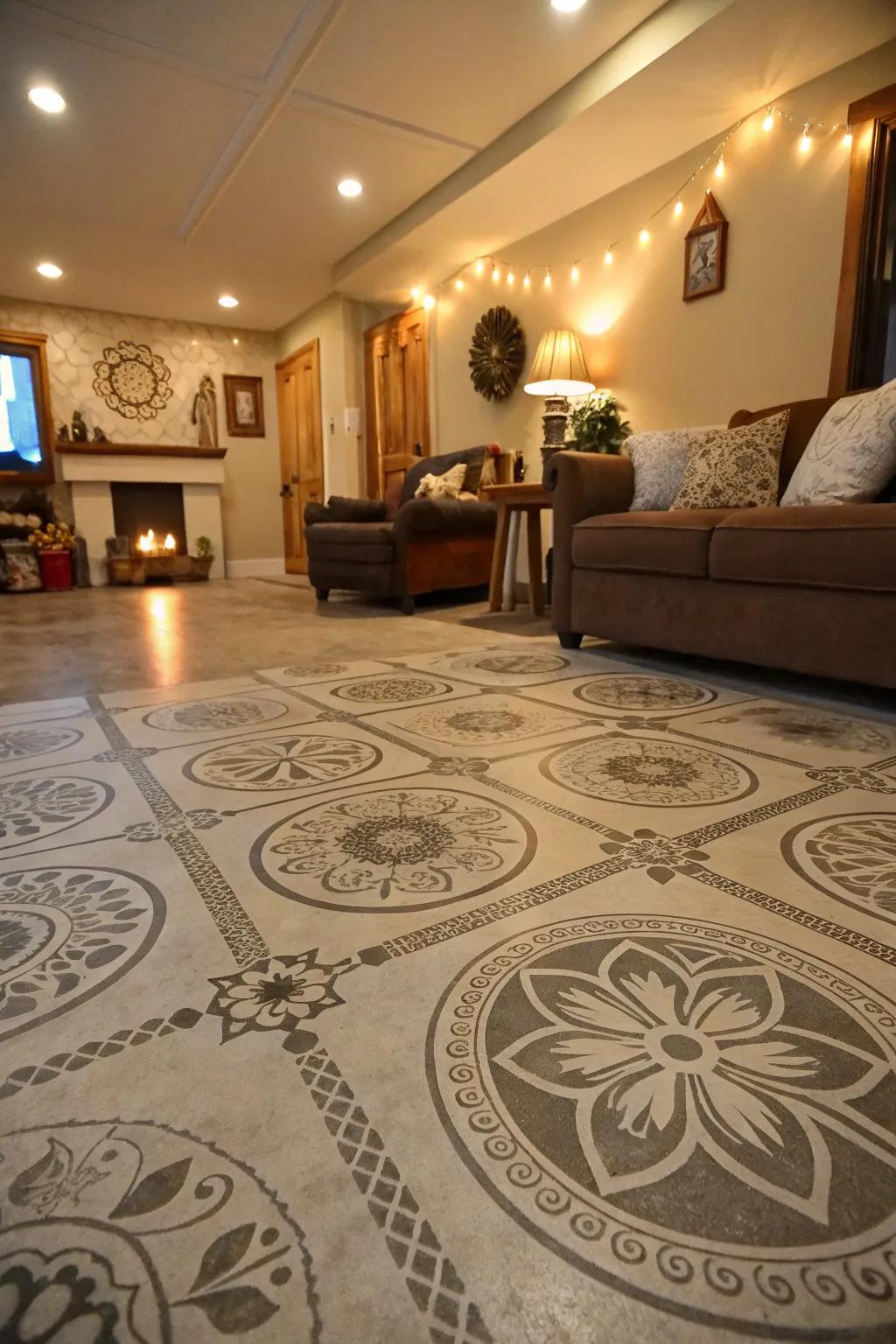 Freehand elements on concrete floors add personality and charm.