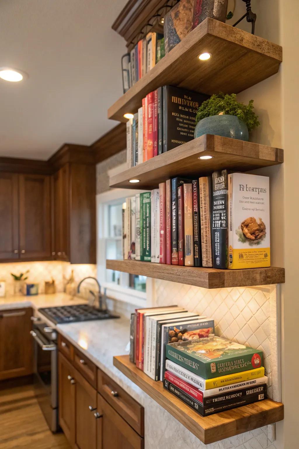 Elevated edge shelves turn awkward areas into storing.