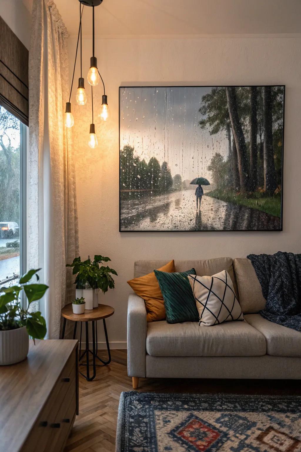 Drizzly day scenes evoke thought and a cozy atmosphere.