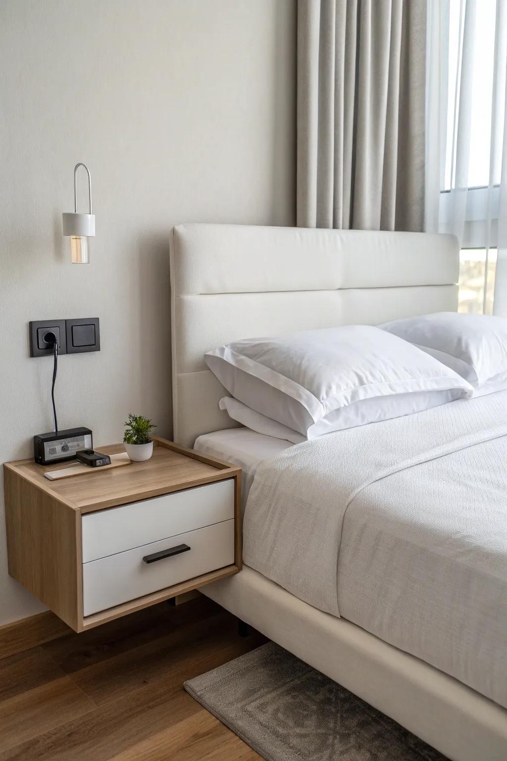 Floating nightstands give modern elegance and are also practical.