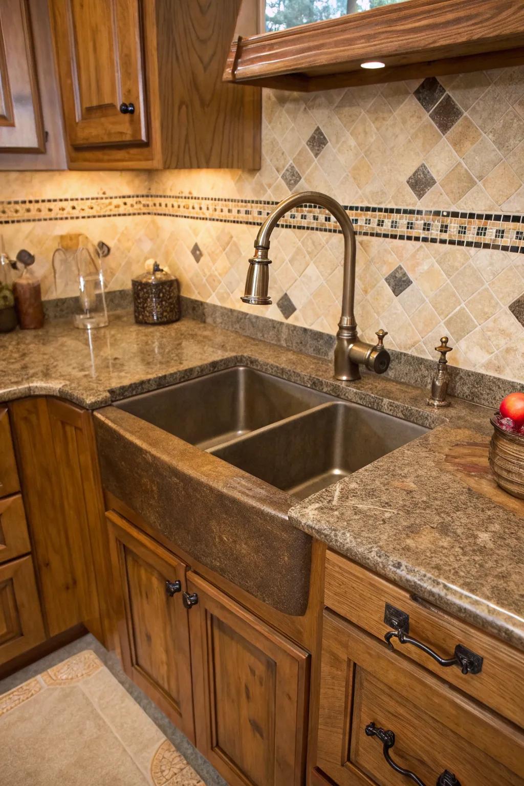 A corner sink with farmhouse charm, featuring rustic materials for a cozy kitchen vibe.