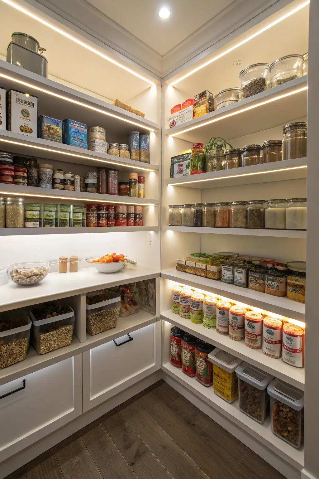 LED lighting in a corner pantry enhances visibility.