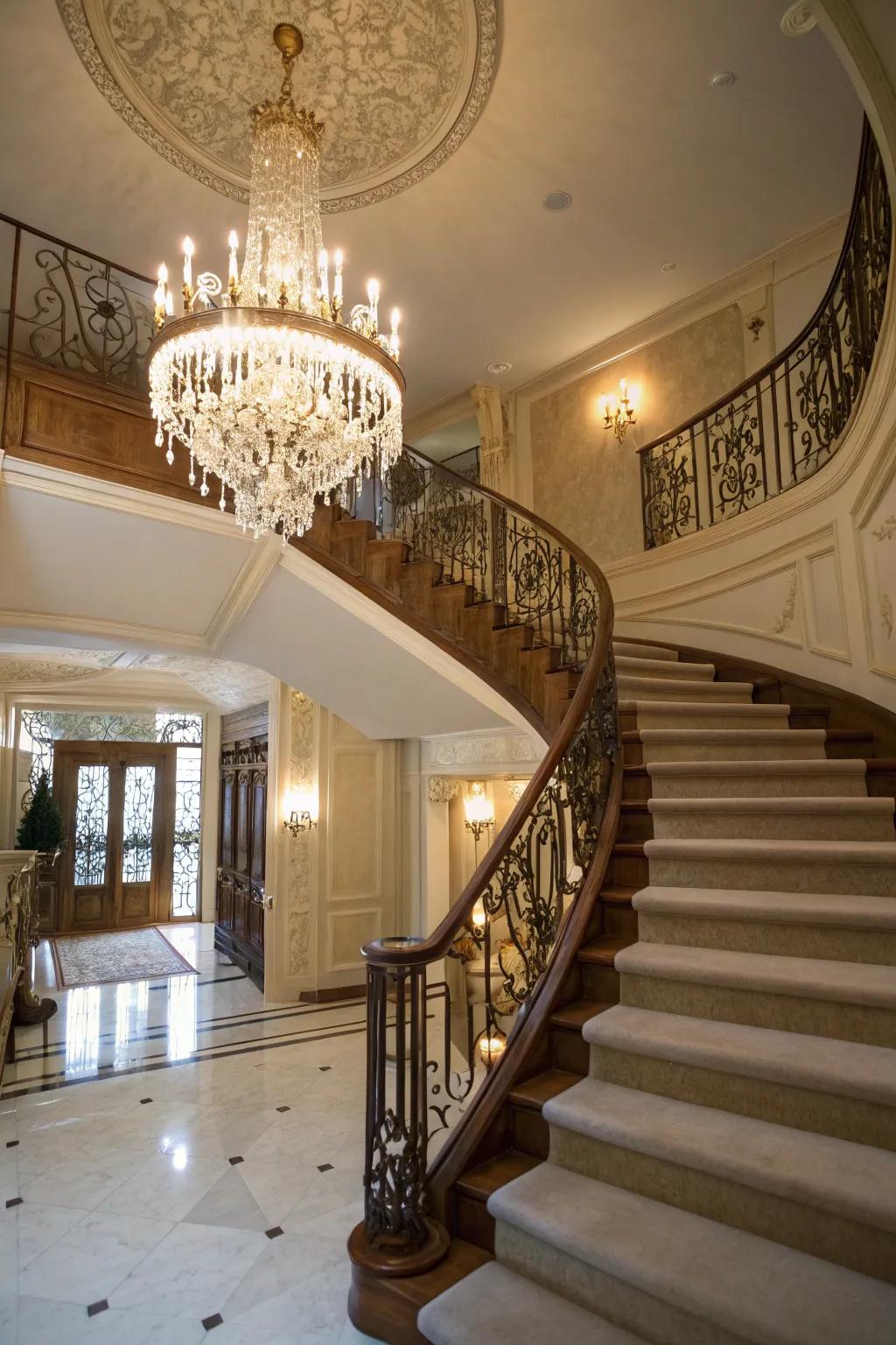 Decorative lighting makes the staircase a focal point.