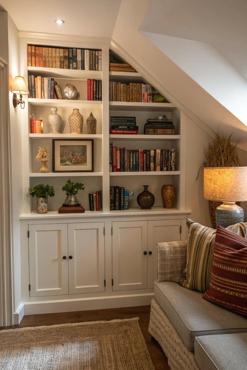 Built-in angle shelving maximizes space and style.