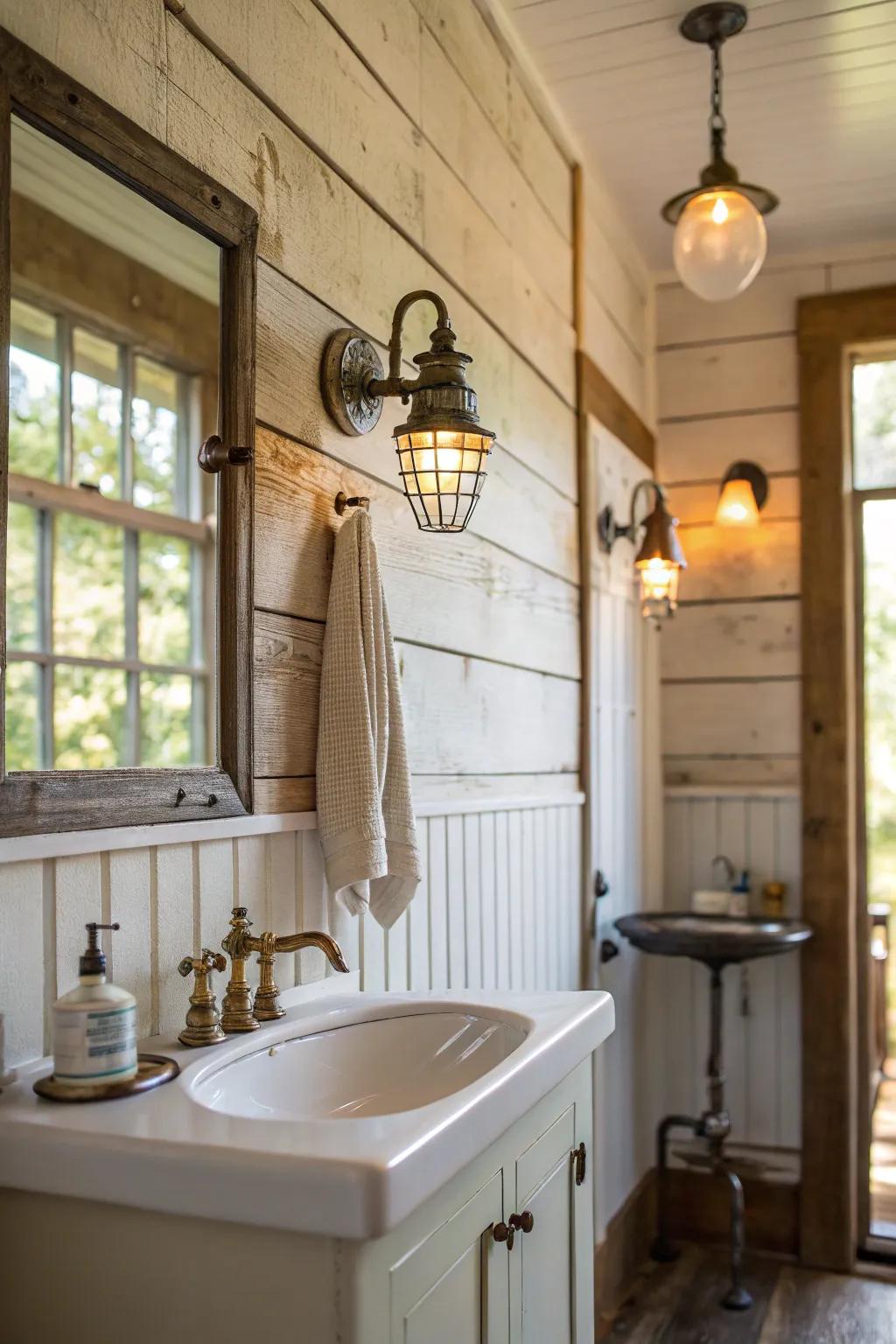 An earthy plank board wall in a cozy cottage bathroom