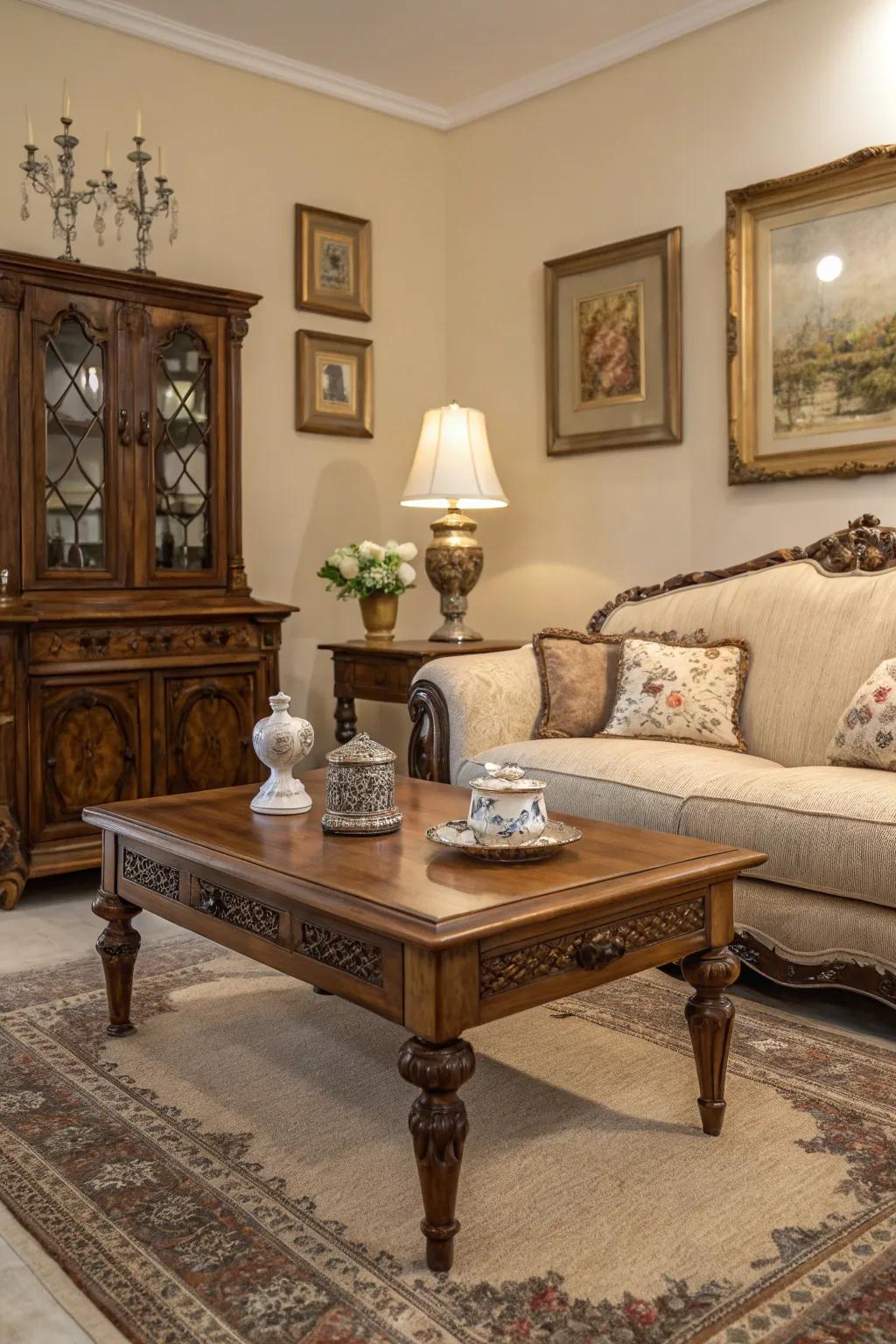 Antique treasures add character and history to the living room.