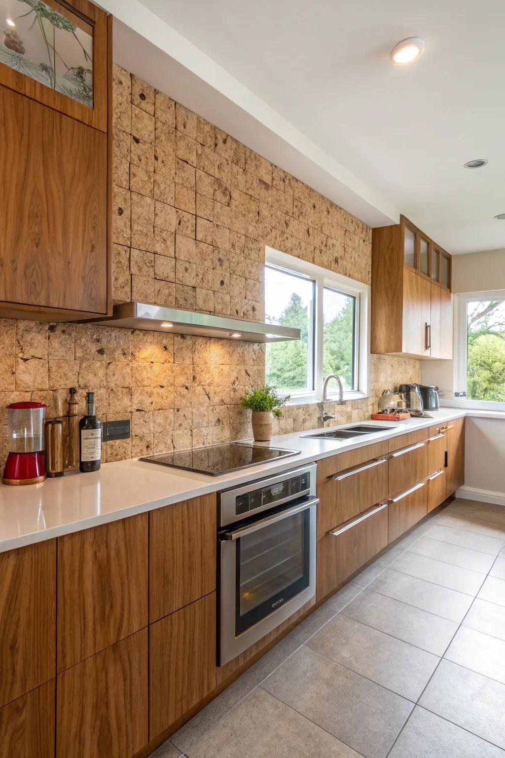 Cork backsplashes provide a unique texture and eco-friendly design option.