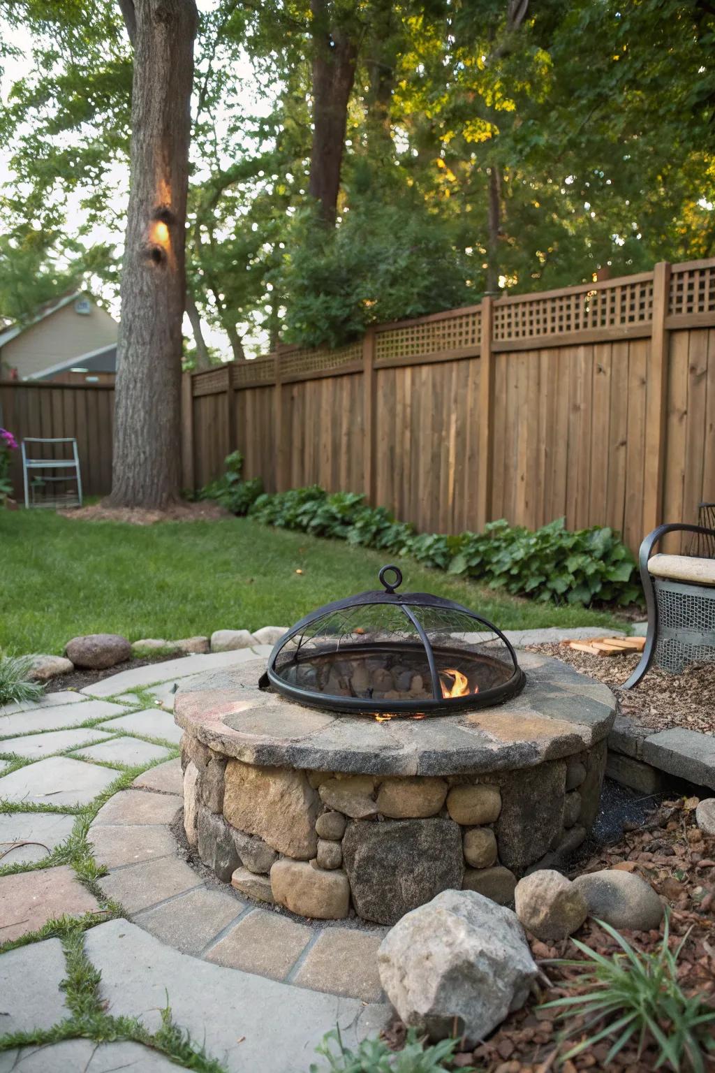 Stone and metal combine to fashion a striking and modern simple fire pit.