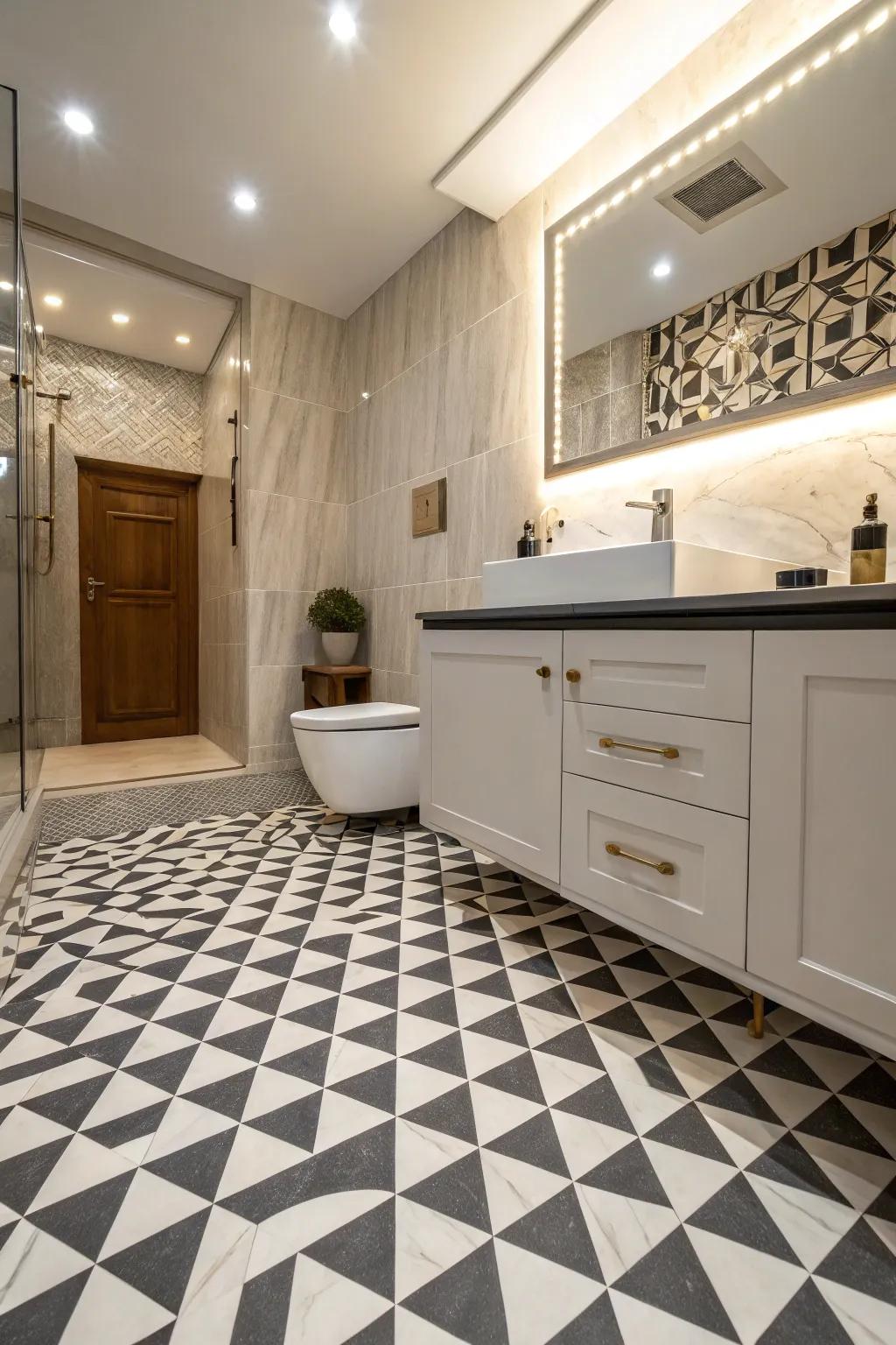 A bathroom floor that uses visual tricks with optical illusions.