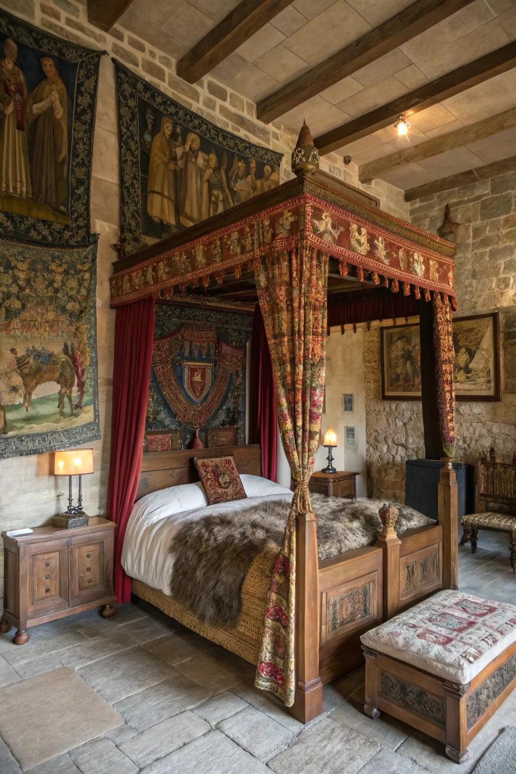 A medieval-inspired bedroom with regal elements.