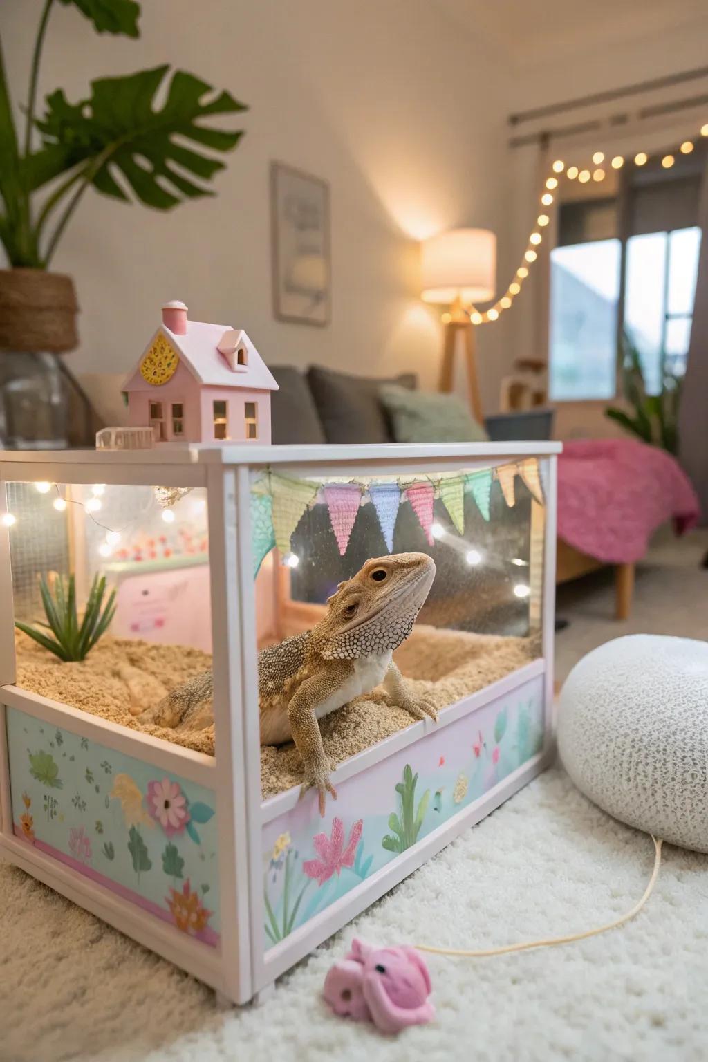 A whimsical wonderland-themed habitat full of playful and colorful elements.