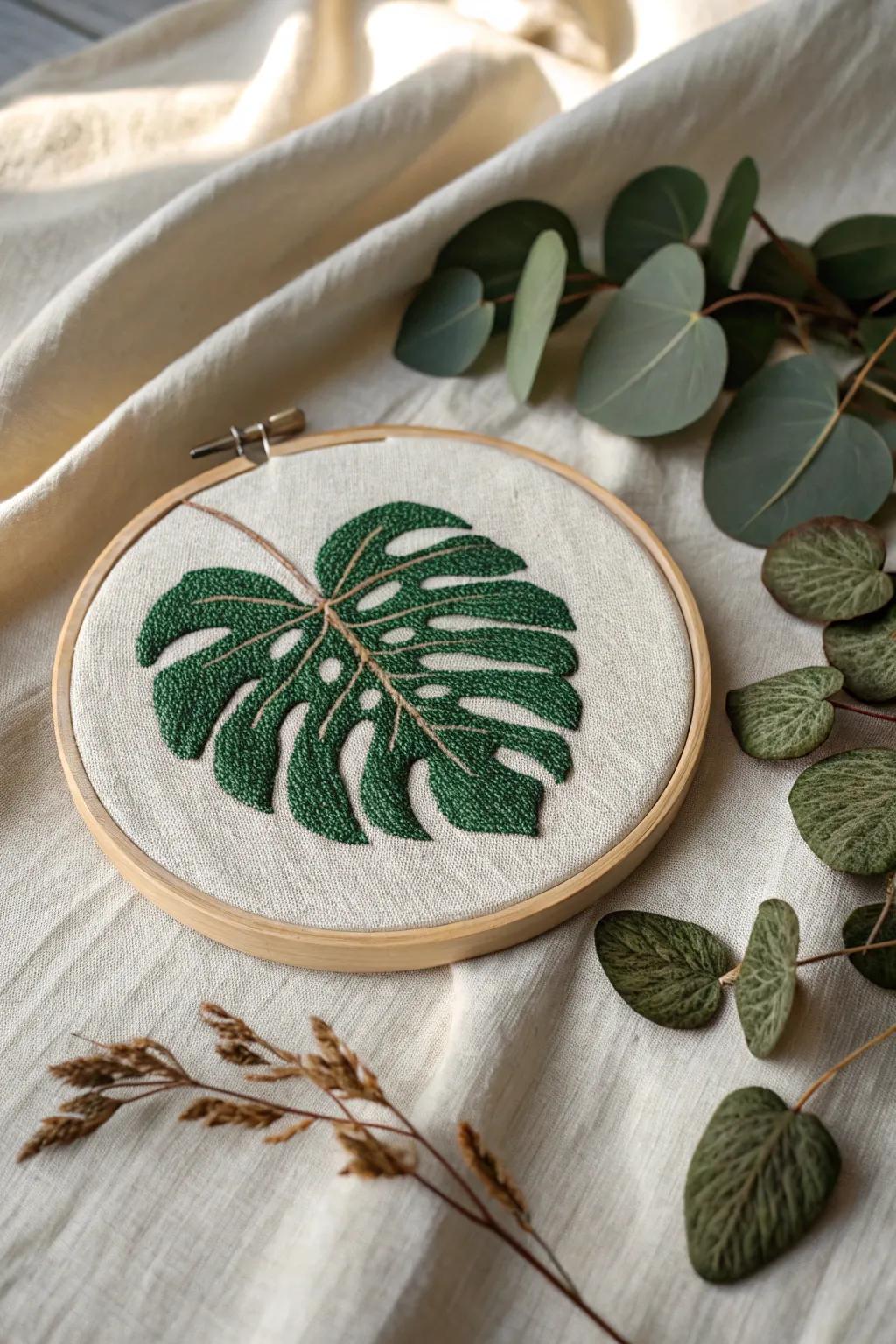 Take in nature's artistry with this impressive monstera leaf cross-stitch design, which is great for adding a touch of green to your simple decor.
