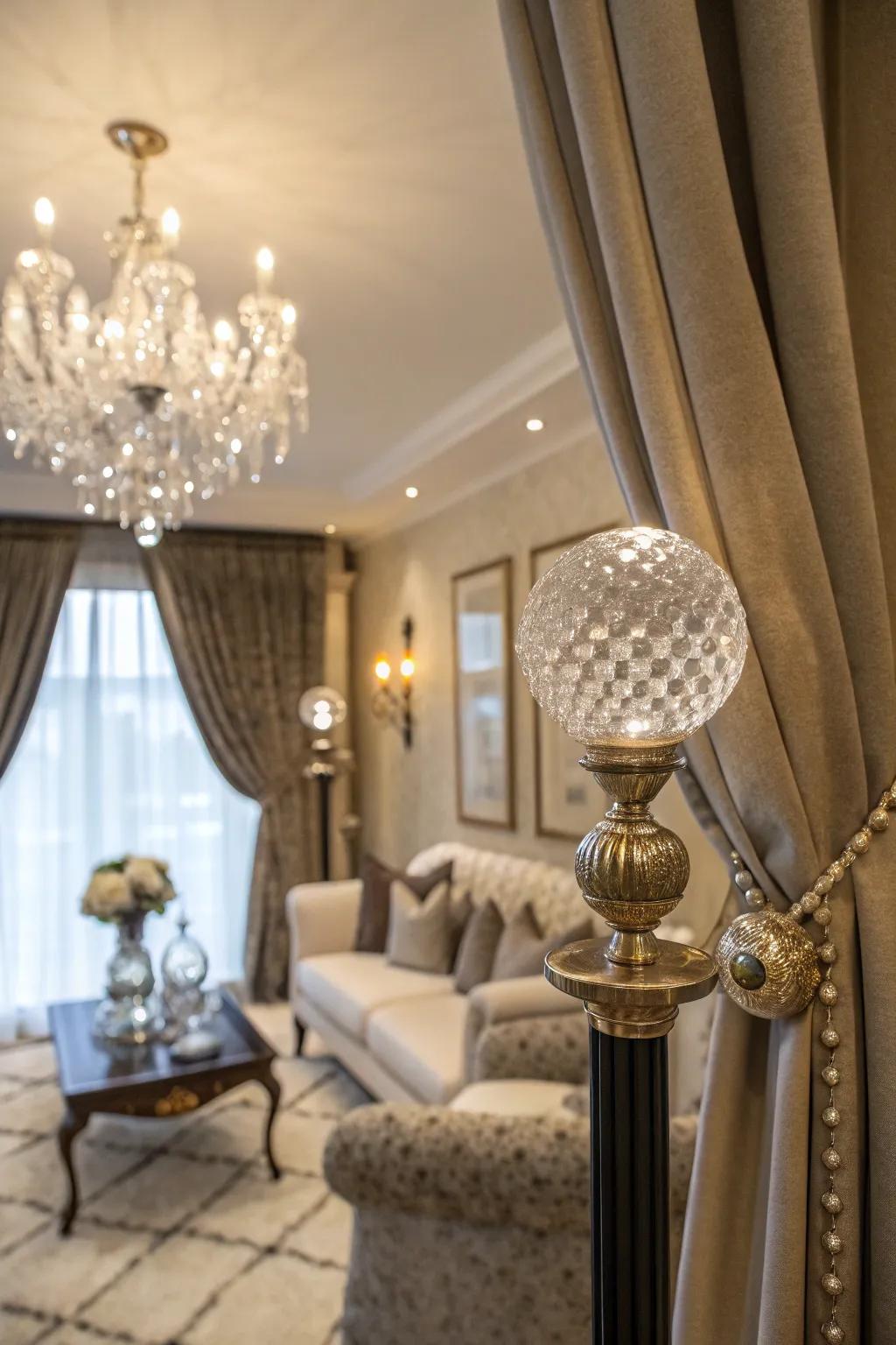 Glass caps on curtain rods contribute vintage grace and sparkle.